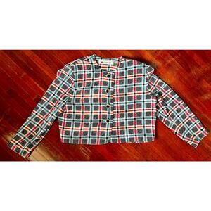 Vintage 80s Ms Chaus White Pink Colorful Plaid Cropped Blazer Suit Jacket 14 Med